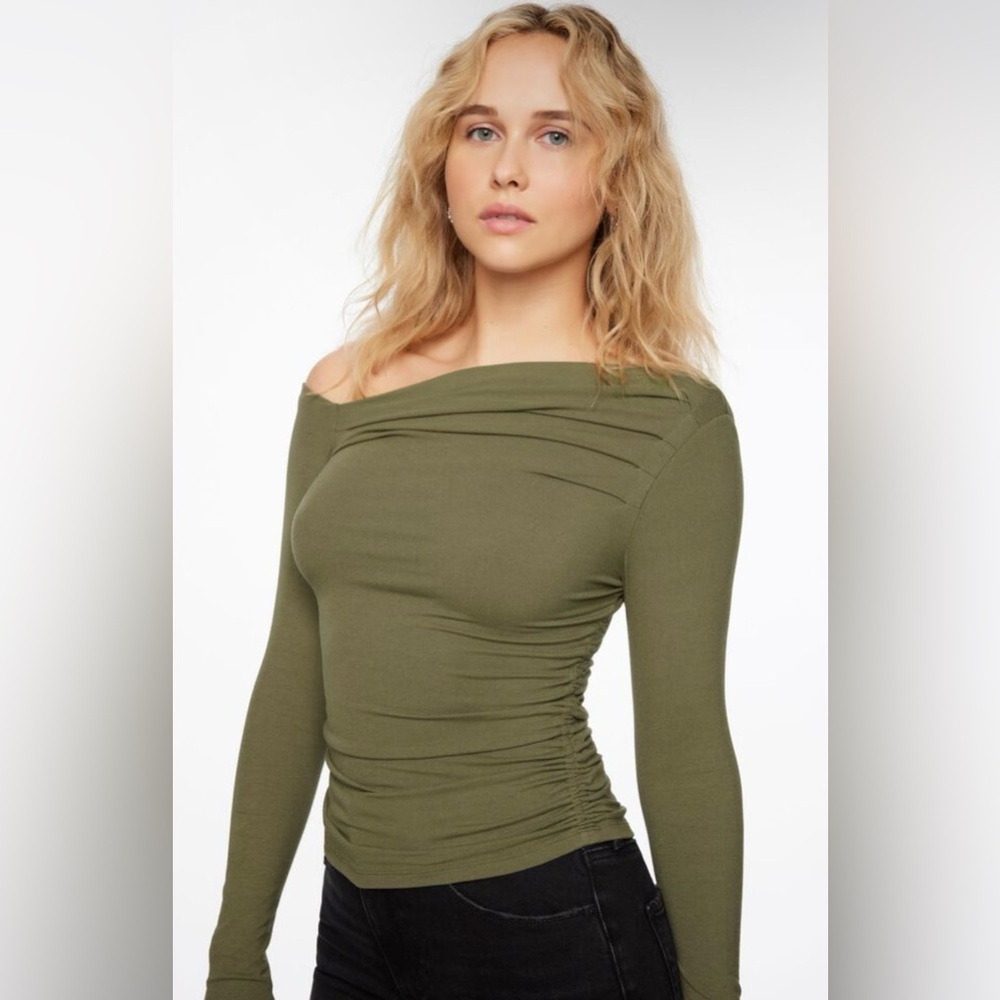 Dynamite Draped Olive Green Long Sleeve Top with Ruching - Size XS - Sold Out!